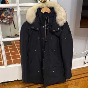 Moose Knuckles Black Puffer Jacket with Cream Fur Trim, Navy
